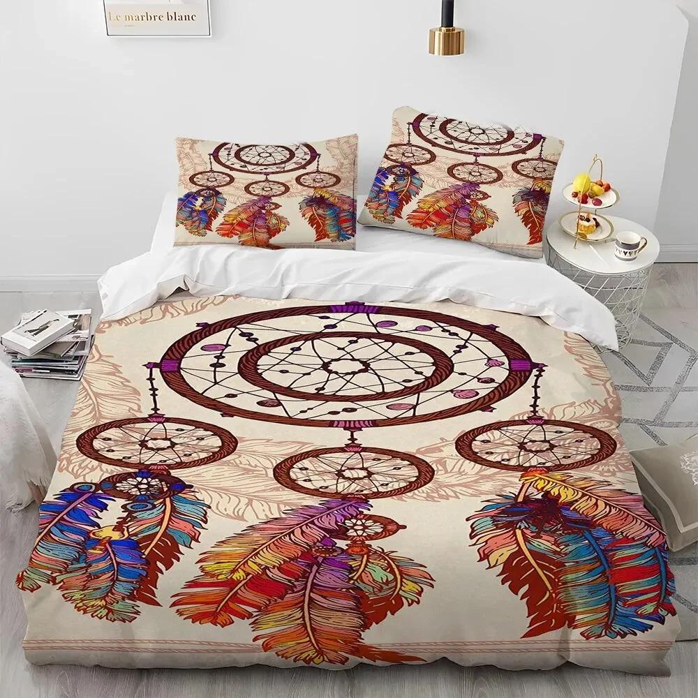 Fashion Dreamcatcher Feather Owl Comforter Bedding Set,Duvet Cover Bed Set Quilt Cover Pillowcase,King Queen Size Bedding Set