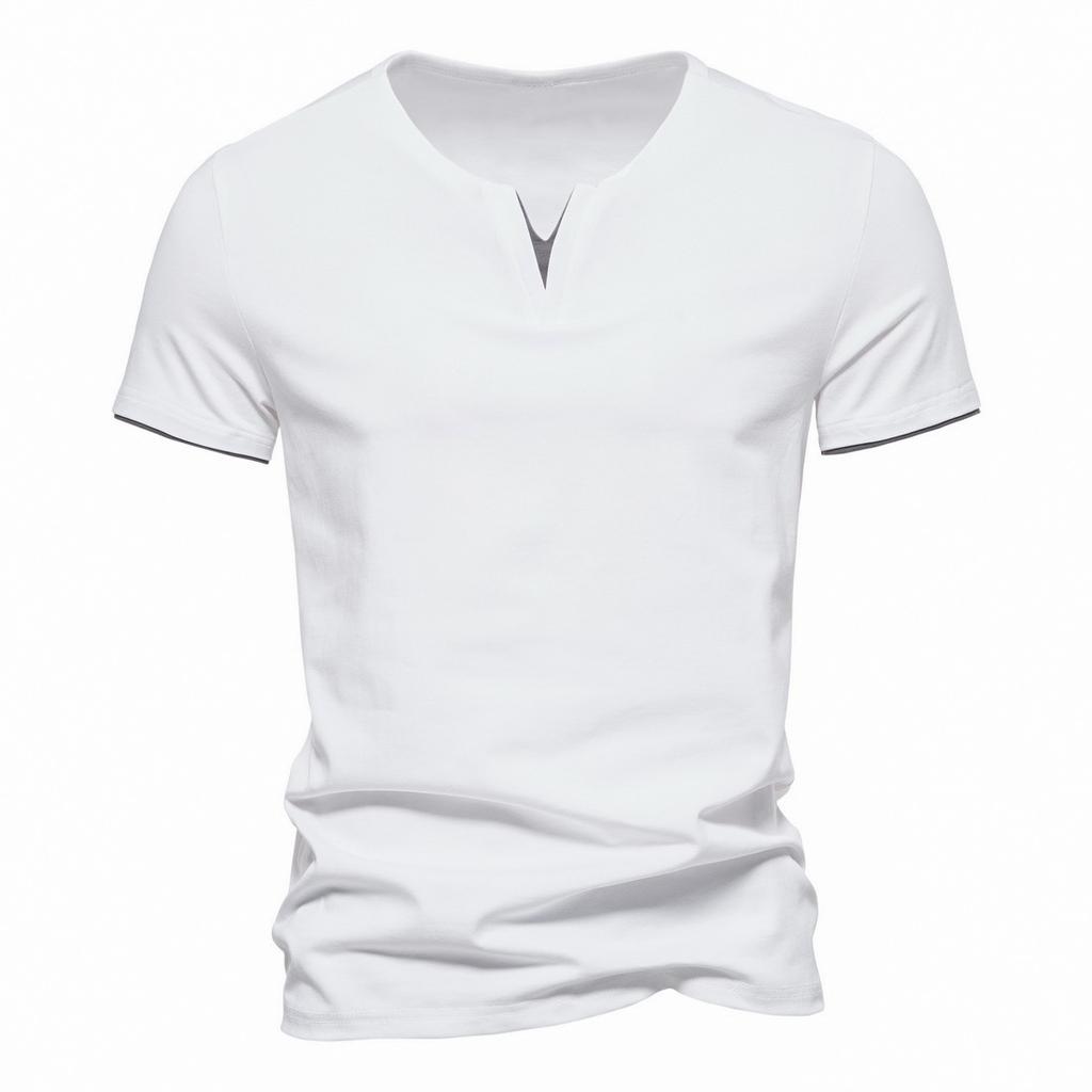 Summer Men's Solid Color CottonT-shirt V Neck Slim Fit Breathable Tops Casual Cozy Tees Classic Male Dailywear