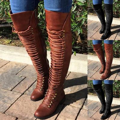 Classic Lace Up Women'S Boots Outdoor Low Heeled Round Toe Shoes Western Bandeau Over Knee Boots Retro Tall Footwear