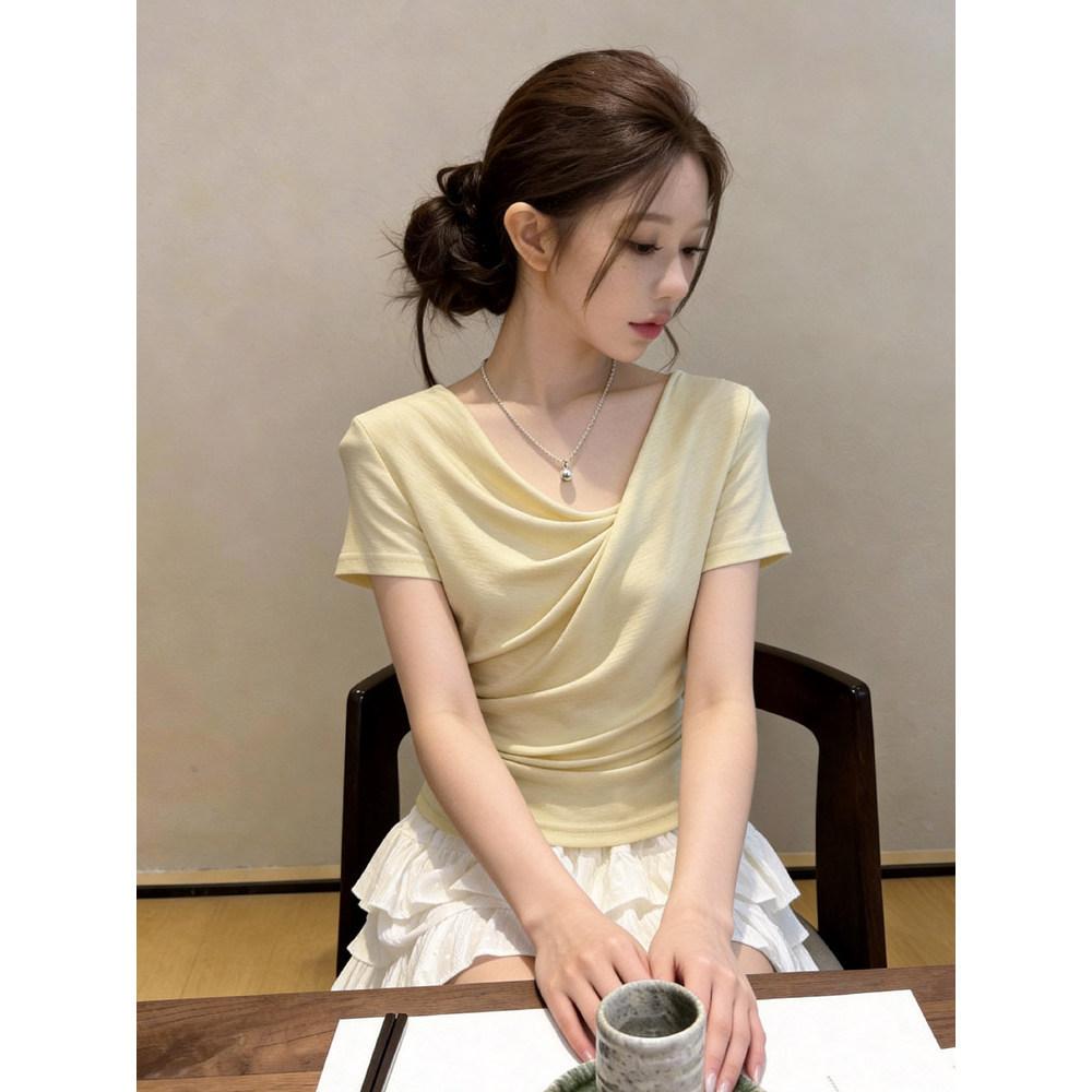 Light and mature style Irregular short-sleeved women's summer temperament Swinging collar bottoming top Waist pleated Spice girl style T-shirt inside