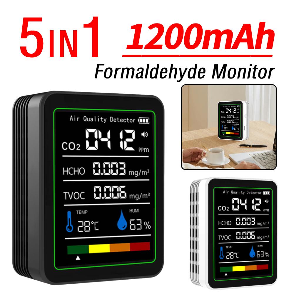5 In 1 Carbon Dioxide Detector Digital Display TVOC Detector USB Rechargeable CO 2 Air Quality Monitor for Air Quality Detecting