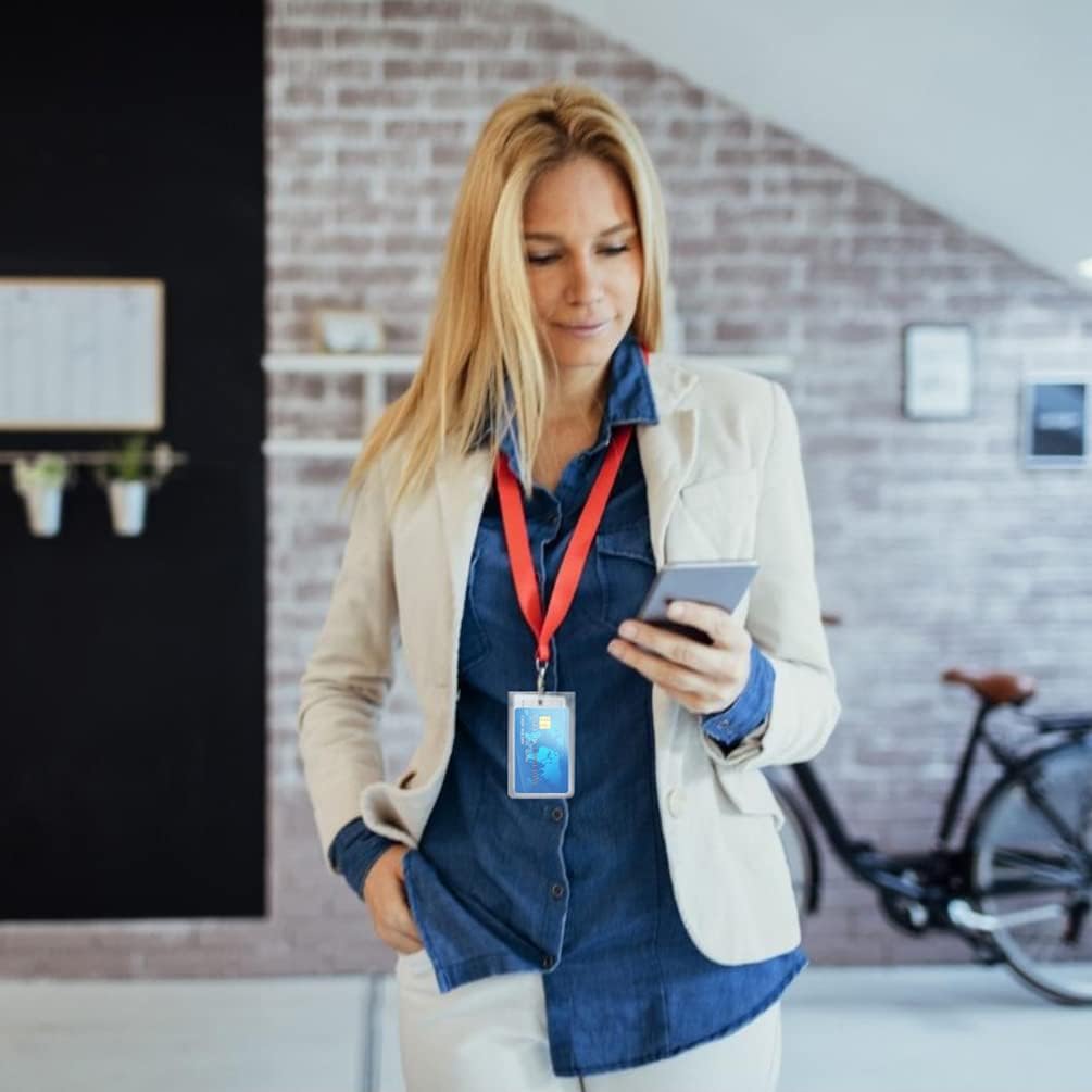 20 Pack Heavy Duty ID Badge Holder 2 Sided Hard Plastic Transparent Badge Holder Access Vertical Badge Holder Credit Card Protector with Thumb Slot