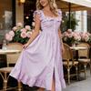 2026 New French Purple Striped Ruffle Edge Square Collar Waist Long Dress Large Size Dress Summer Elegant A Word