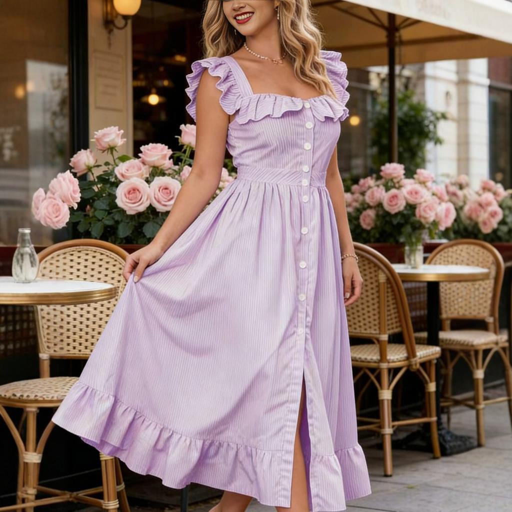 2026 New French Purple Striped Ruffle Edge Square Collar Waist Long Dress Large Size Dress Summer Elegant A Word