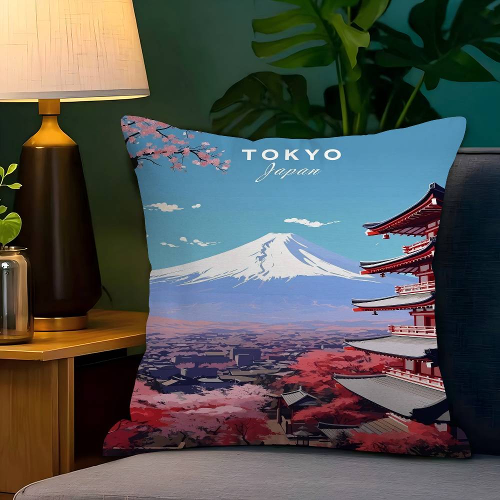 Vintage Japan Tokyo Japanese City Landscape Canvas Cushion Cover Pillow Cover Decor Pillowcase Printed Cushion Case For Couch