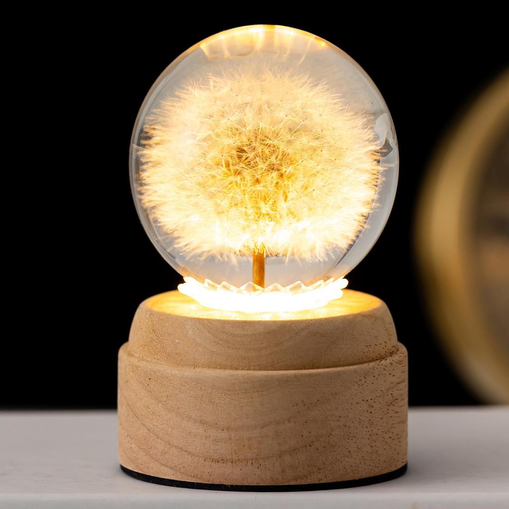 Dandelion Crystal Ball Night Light with 3D Carving and Solid Wood Base