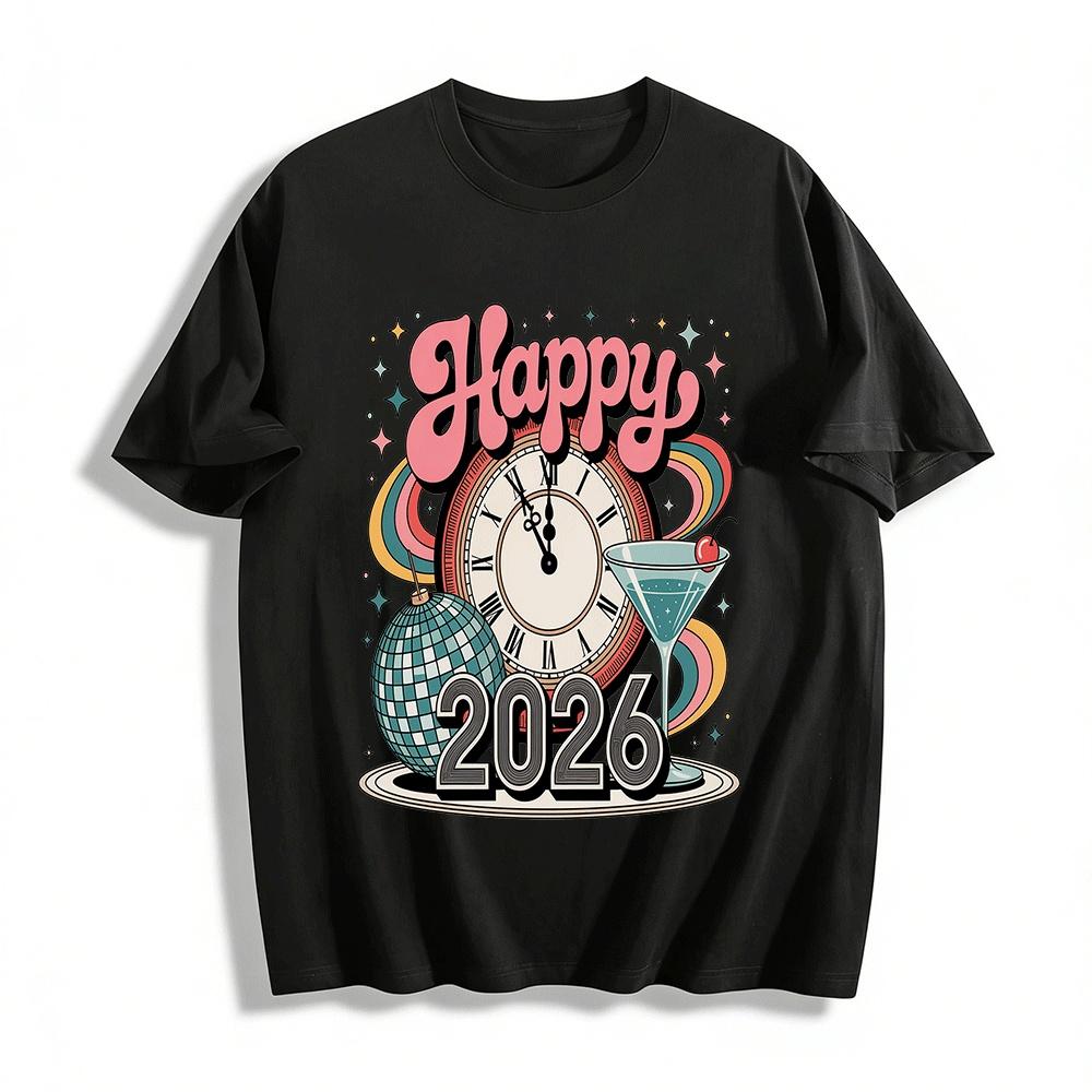 Retro 2026 New Year Party Clock Disco Print Casual Top Pure cotton T-shirt XXS