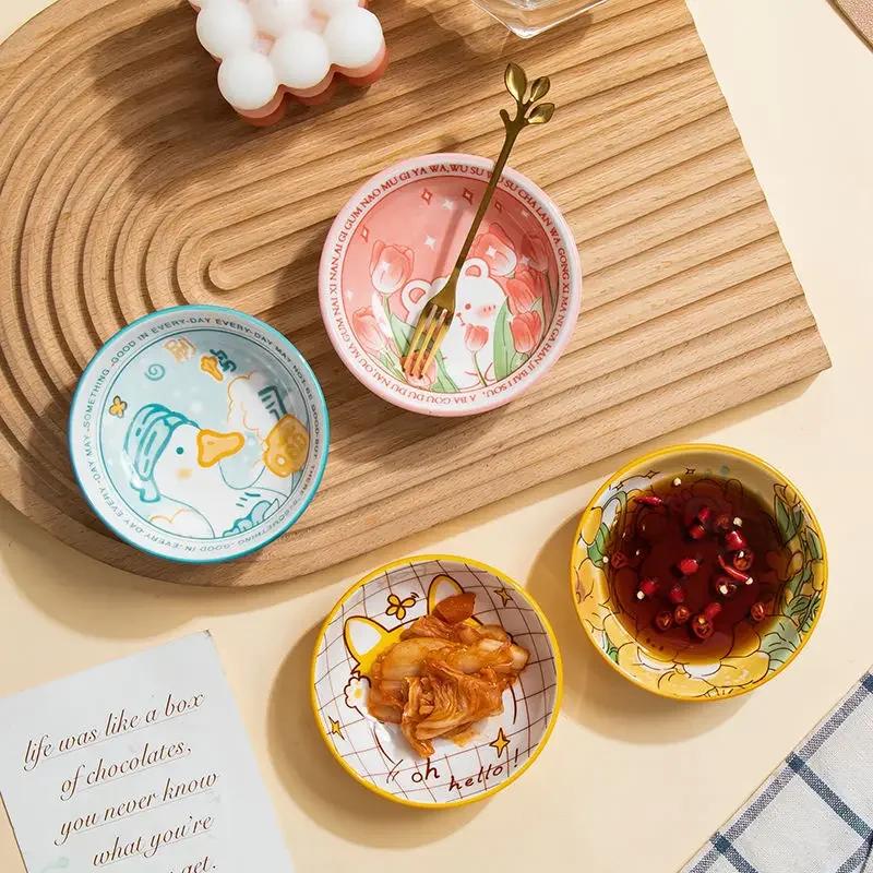 3.5 Inch Japanese Style Ceramic Dessert Sauce Dish Tableware Creative Cute Cartoon Pet Pattern Circular Shape Fruit Sushi Plates