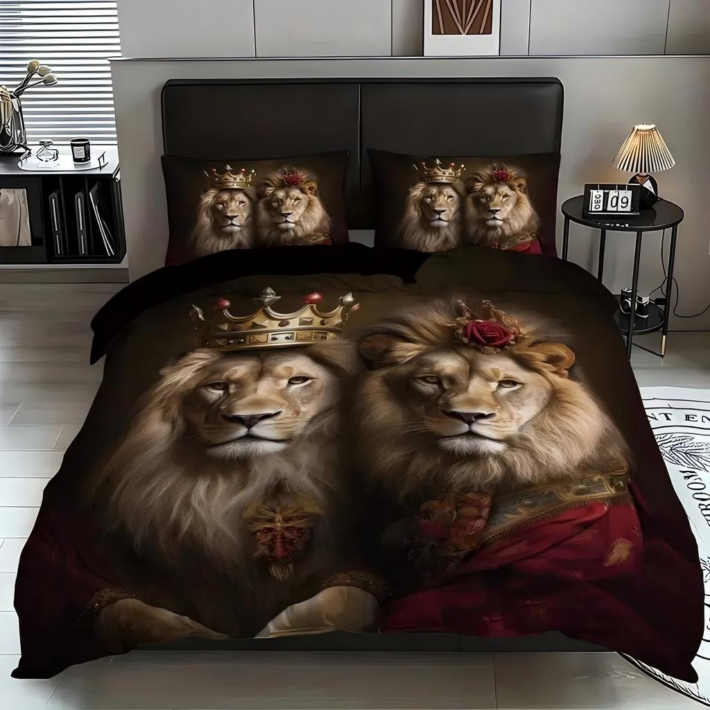 Crown Lions Pattern 3D Printed Duvet Cover Soft Comfortable Bedding Set Wildlife Theme Couple Style Quilt Cover Set Pillowcases