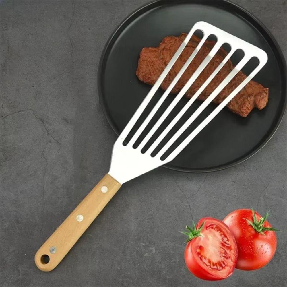 Stainless Steel Fish Frying Spatula Wooden Handle BBQ Cooking Spatula  Kitchen Cooking Utensils