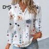 Women Fall Top V Neck Lace Patchwork Flower Print Long Sleeve Loose Soft Breathable Colorfast Hollow Out Elegant Commute Lady Blouse