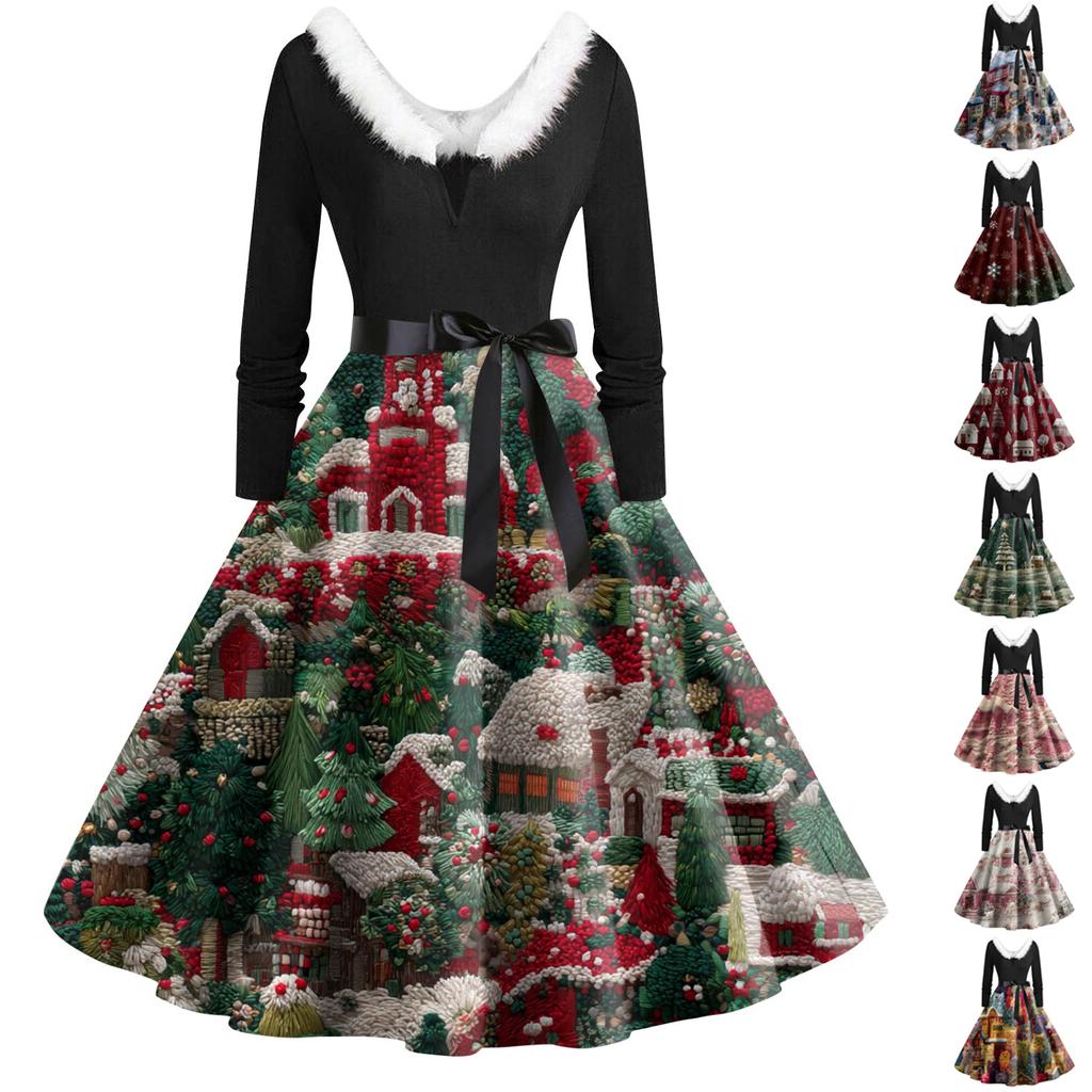 Women's Fashion Round Neck Casual Slim Christmas Printed Long Sleeve Dresses