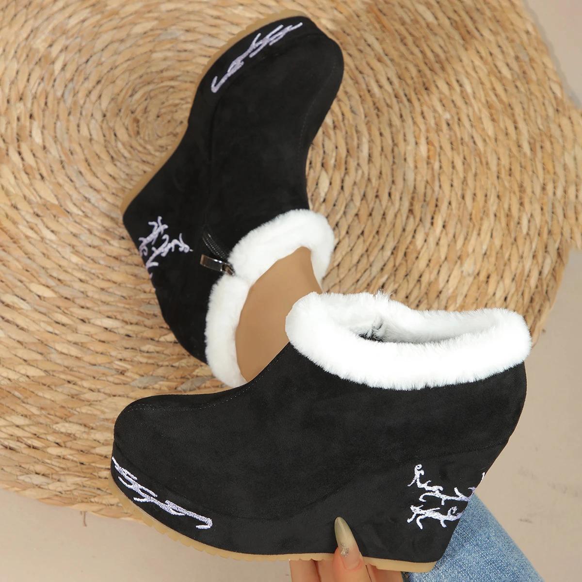 

Женские ботинки 2024 года, новые зимние модные туфли на танкетке для женщин, удобные уличные теплые ботинки на платформе, женские ботинки Zapatos De Mujer 35 чёрный