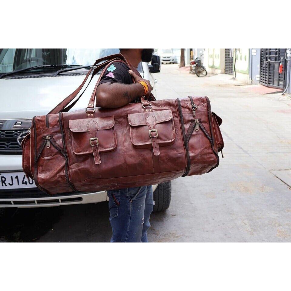 Large Leather Travel Duffel Luggage Men 30" Foldable Weekend Genuine Gym Vintage