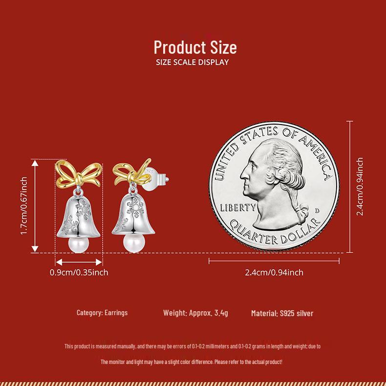 Yinziyun Christmas Snowflake Bell Earrings: S925 Sterling Silver Bow Studs