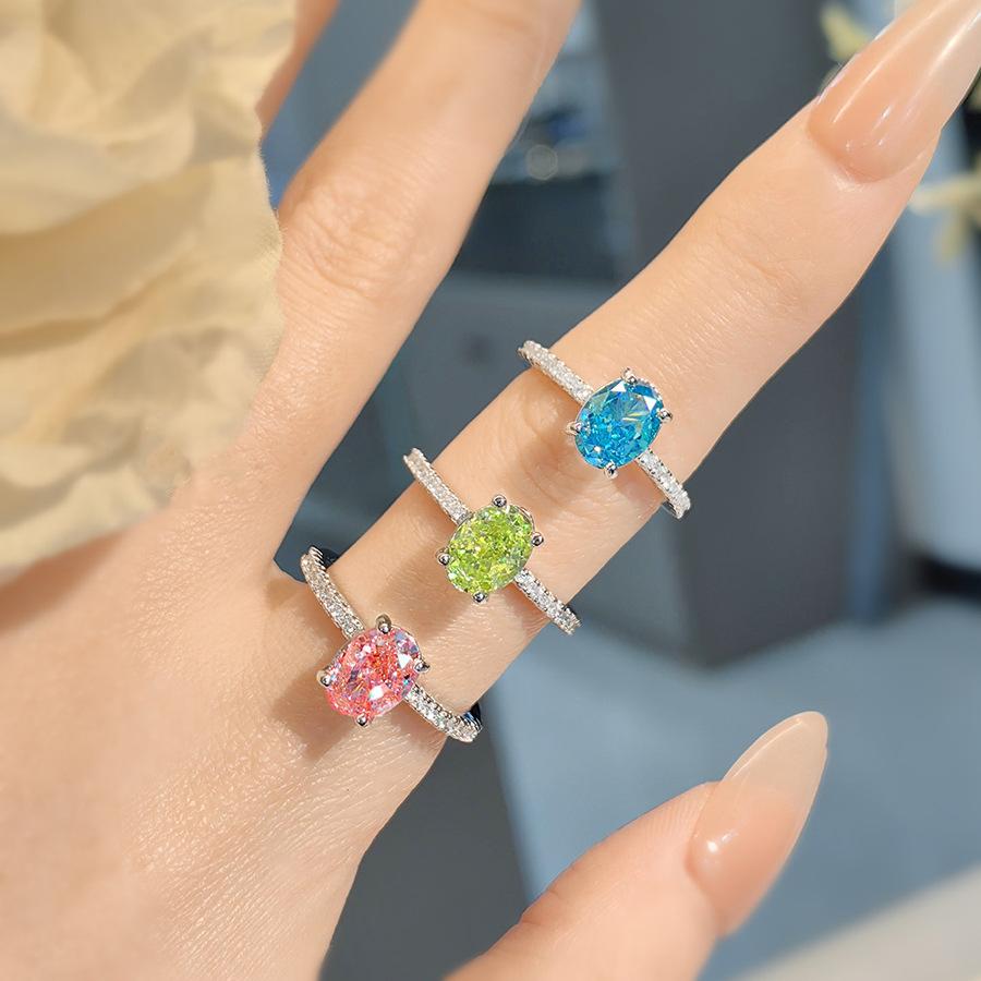 Fashion Light Luxury Pigeon Egg Ice Flower Cut Ice Sea Blue Ring Simple Paparacha High Carbon Diamond Apple Green Ring Women