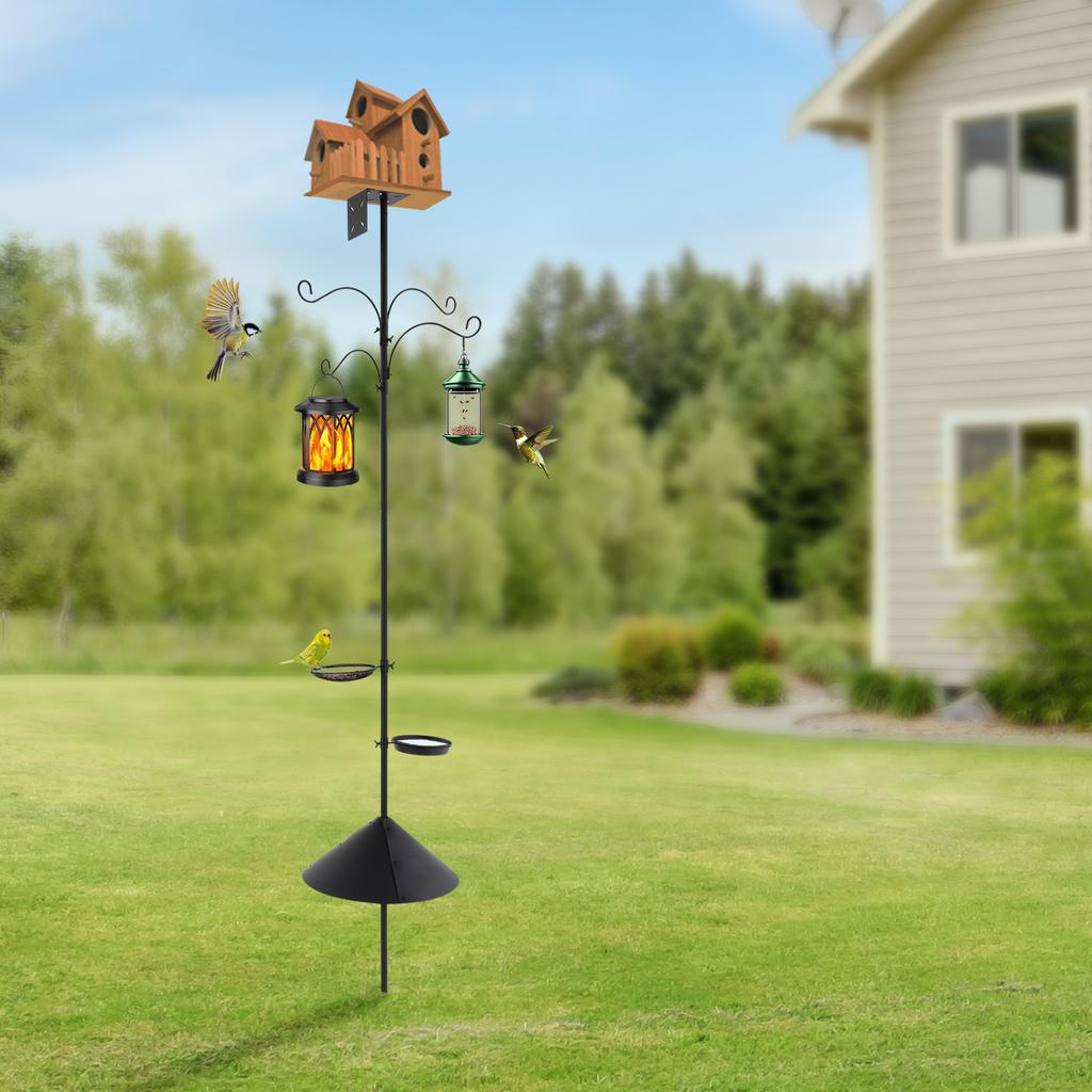 Bird Feeding Station Pole, 4 Hooks & 2 Removable Trays, Adjustable Height up to 76 Inches with Anti-Sway Base and Squirrel Guard