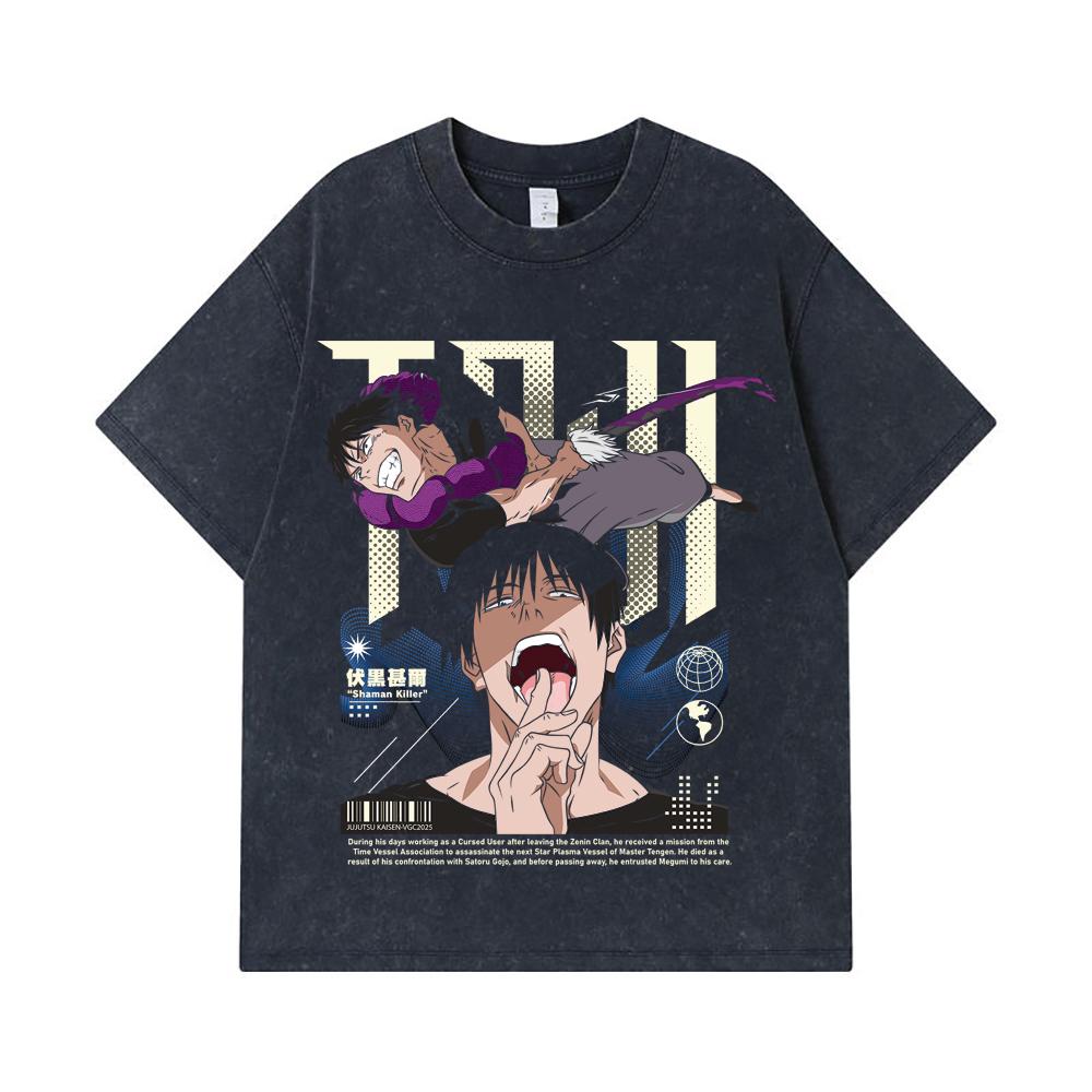 275 GSM Washed T-shirts 100% Cotton Jujutsu Kaisen V47 Toji Print Unisex Heavy Cotton T Shirt