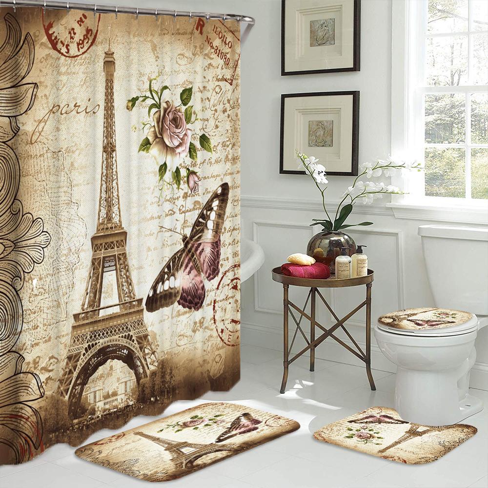Paris Eiffel Tower Shower Curtain Set With Rugs Waterproof Curtain Bathing Screen Anti-Slip Toilet Lid Cover Rugs Bathroom Decor