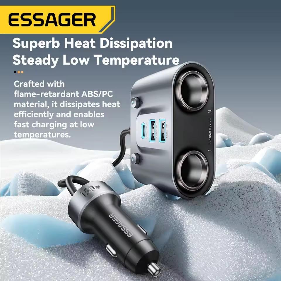 Essager 150W USB C Car Charger 2 in 1 100W Dual Cigarette Lighter Splitter 5 Ports QC 3.0 PD 3.0 Fast Charging For Mobile Phone