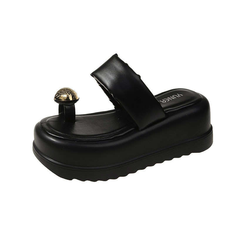 Niche Metal Buckle Cover Toe Thick-soled Slippers Women's 2025 Korean Version of the New Casual Foot-pinching Herringbone Beach Cool Slippers