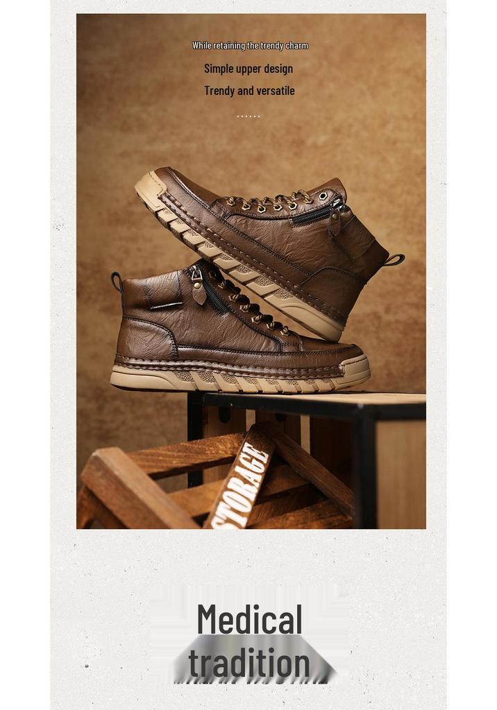 Men's Plus Size Handmade Leather High-Top Winter Boots with Velvet Lining
