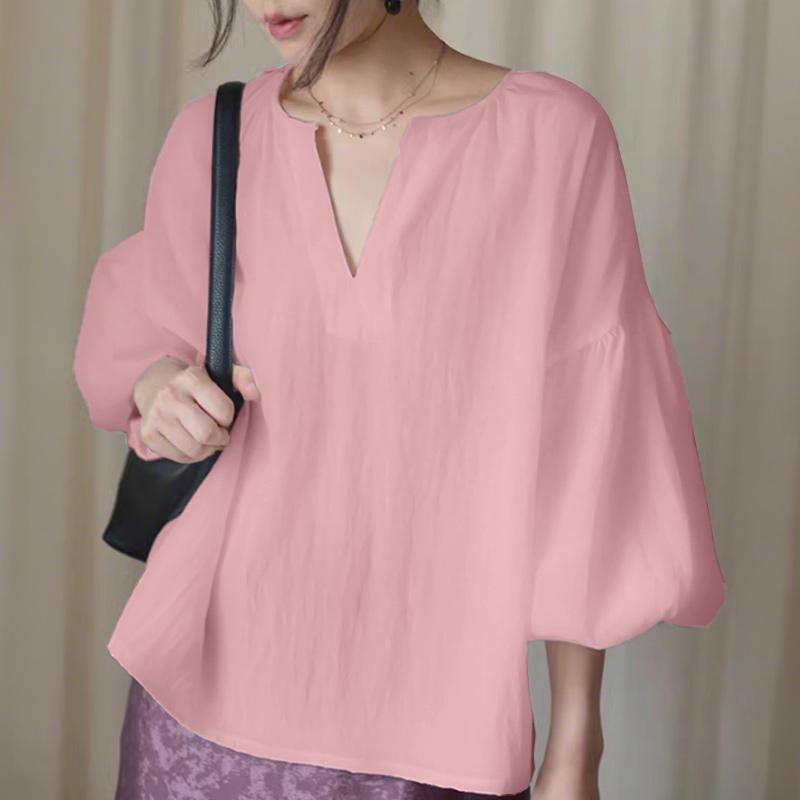 

ZANZEA Women Casual V-Neck 3/4 Sleeve Loose Blouse 5XL рожевий