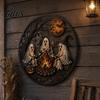 Garden Hanging Decorations Ghost Campfire Halloween Metal Wall Sign, Ghosts Roasting Marshmallows Round Cute Plaque, Spooky Art Decor for Porch