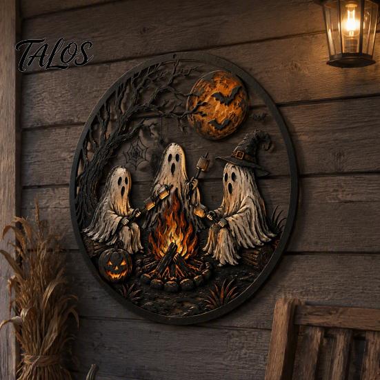Garden Hanging Decorations Ghost Campfire Halloween Metal Wall Sign, Ghosts Roasting Marshmallows Round Cute Plaque, Spooky Art Decor for Porch