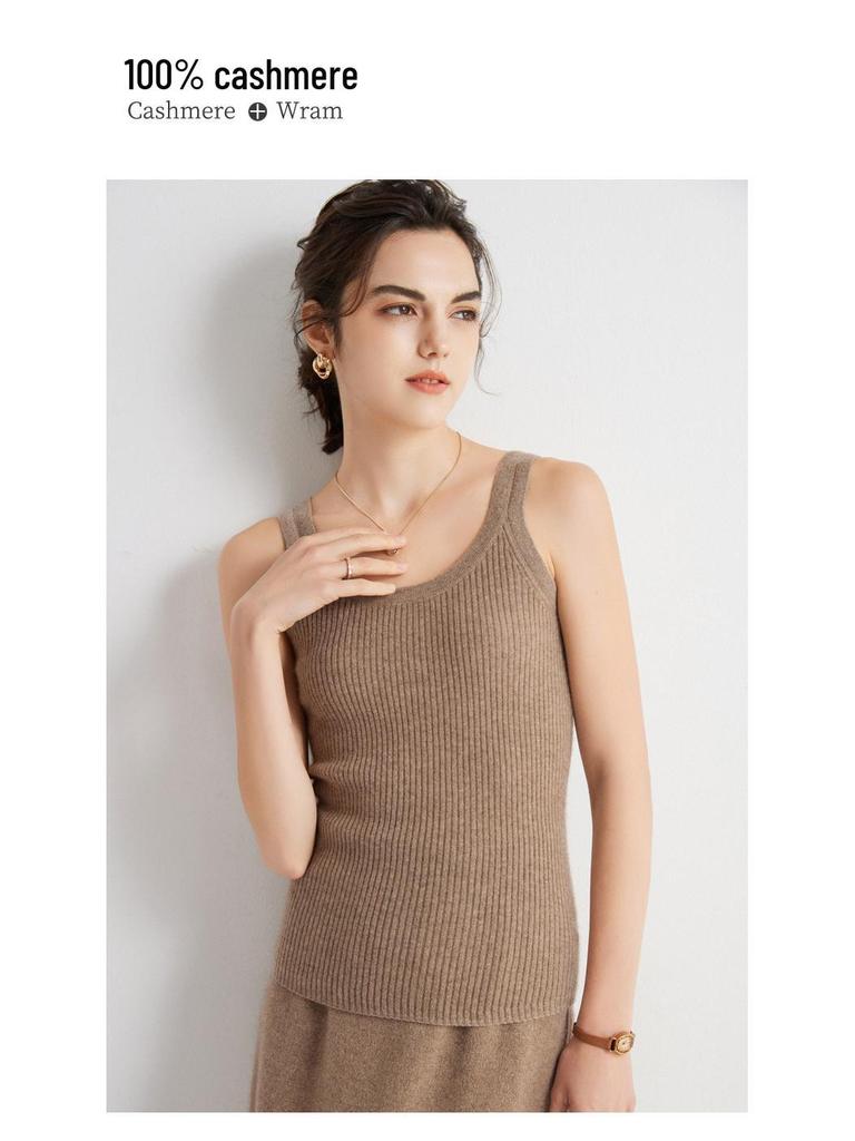 100% Pure Cashmere Striped Round Neck Slim Fit Women's Winter Vest
