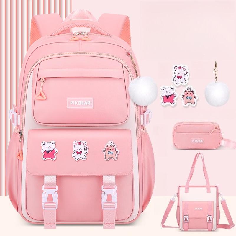 Pink Waterproof Wear-resistant Leisure School Bags Primary School Girls' After-school Tutoring Shoulder Bag Lightweight Nylon Material Bookbag