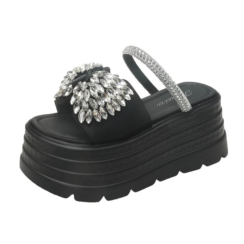 Fashion 8CM Platform Slippers Sandals Woman Bling Diamond Bowknot Thick Sole Slippers Women Chunky Flip Flops Summer Casual Beach Slides