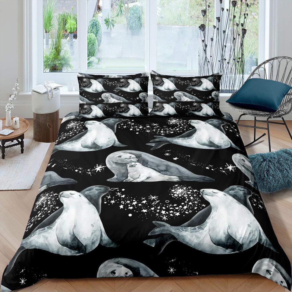 3D Sea Lion Duvet Cover King/Queen Size,Cute Cartoon Sea Lion Sleeping Print Bedding Set for Kids Boys,ocean Animals Quilt Cover