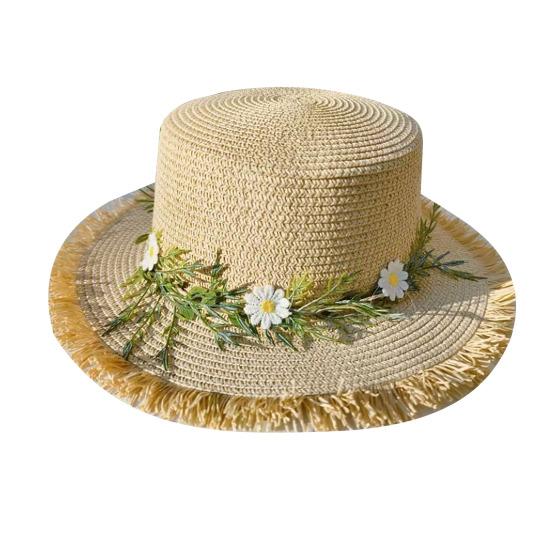

Sun Hat Wide Brim Floppy Edges Breathable Woven Straw Hat with Chrysanthemum Garland Lightweight Summer Beach Travel Hat