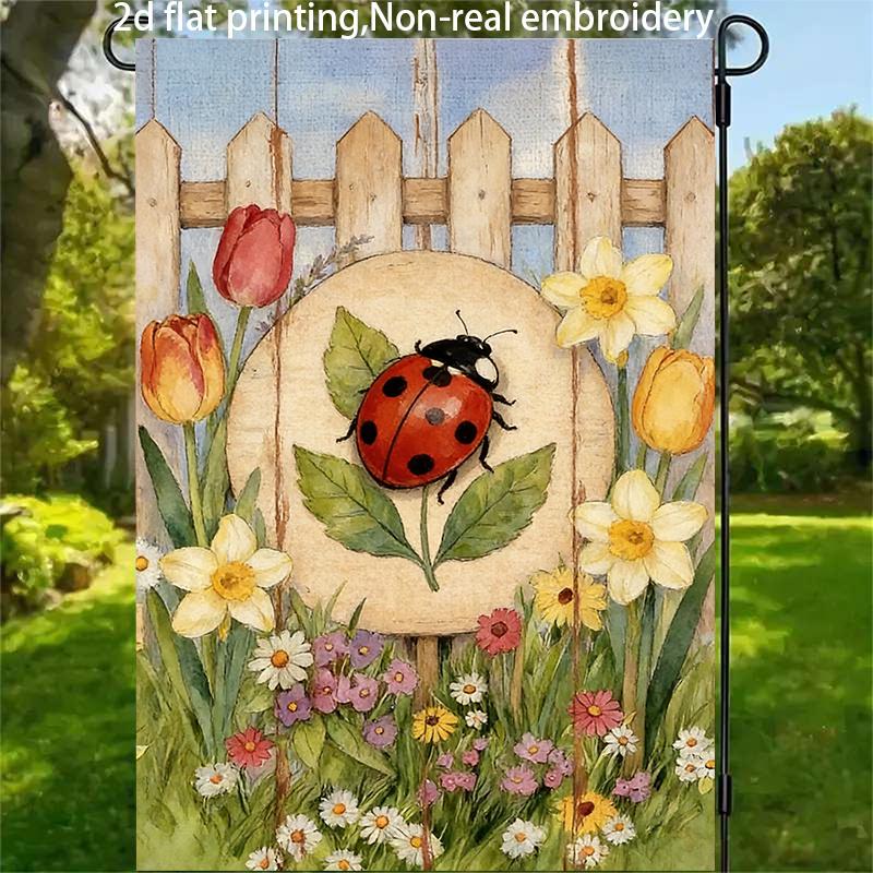 2D Flat - 2D Flat - 1pc, 2D Flat Printing, Floral Ladybug Garden Flag, Material, Multiple Sizes Available, Machine Washable for Outdoor Use, Durable F