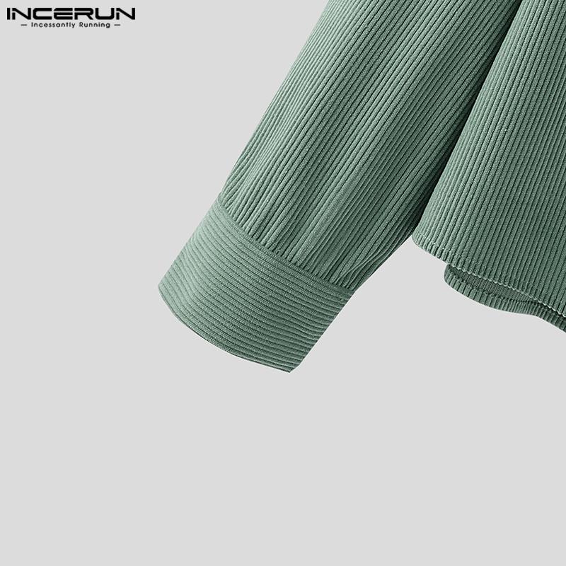 INCERUN Oversized Men Turn Down Collar Long Sleeve Texture Loose Casual Shirts Tops