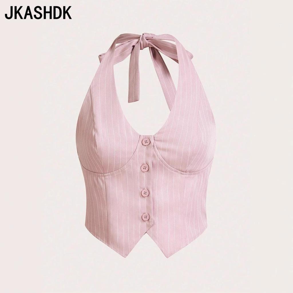 JKASHDK Damenmode Casual Sommer Frühling Streifendruck Ärmellose V-Ausschnitt Blusen & Hemden