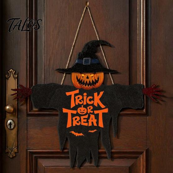 Natural Hemp Rope Pendant Halloween Wooden Hanging Door Sign, Scarecrow Pumpkin Wizard Ornament, Trick or Themed Decor Treat Plaque, Rustic Party Wall
