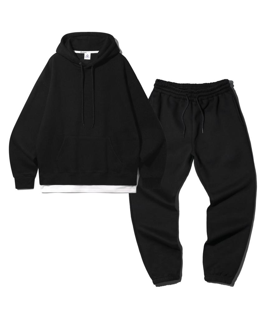 [Set] Layered Oversized Fleece-Lined Hoodie And Plain Jogger Training Pants Set