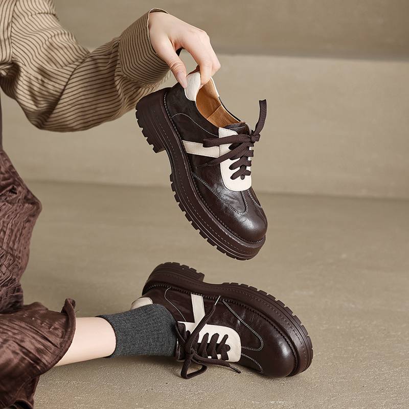 Krazing Pot Sheepskin Round Toe Med Heels Slip on Spring Autumn Shoes Big Size 41 Lace Up Mixed Color Oxford Women Pumps