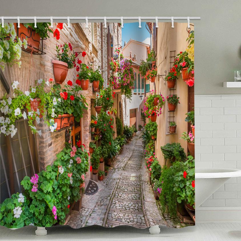 Pattern Landscape Bathroom Shower Curtain Waterproof Hook Bath Accessories Decor