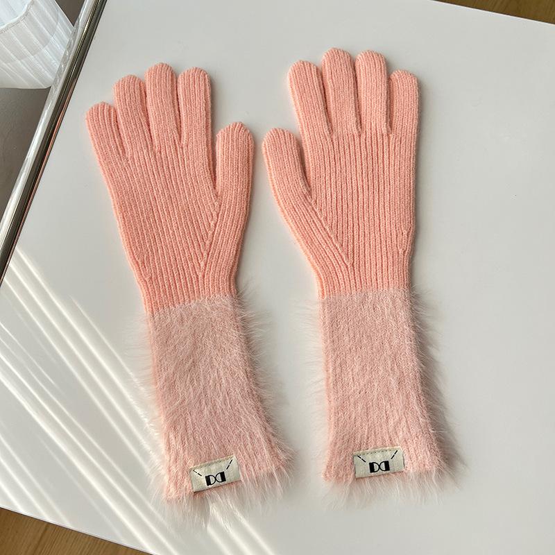 Autumn and winter dopamine solid color warm five-finger gloves versatile knitted cute student girl sweet long cycling sleeves