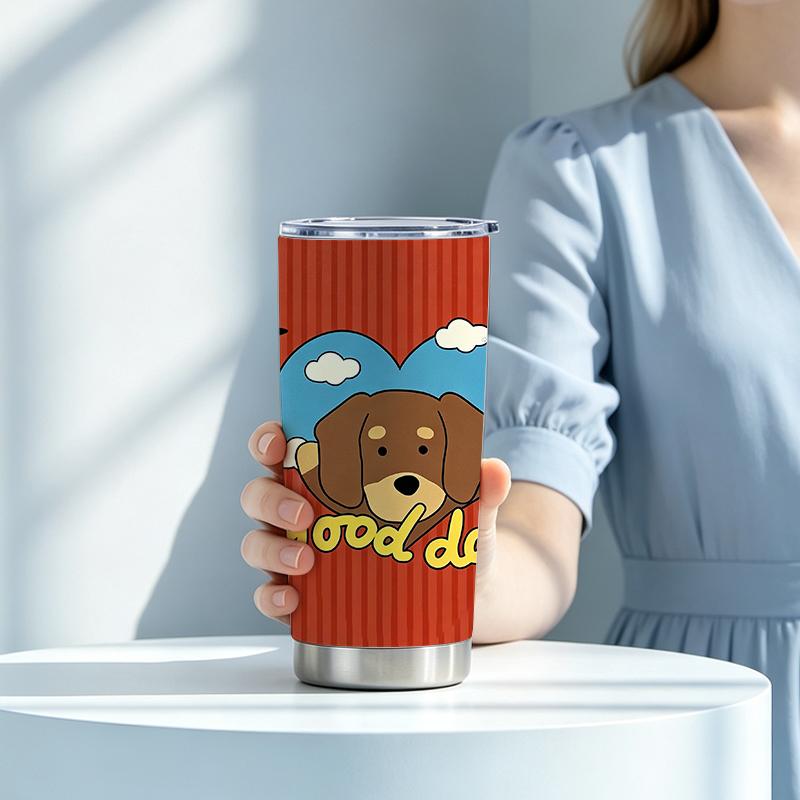 591ml Car Tumbler(1 Random Straw Included)Red Stripe Dachshund MotifCommuter Cup Large Iced Cup Steel Straw Cup 591ml Car Tumbler