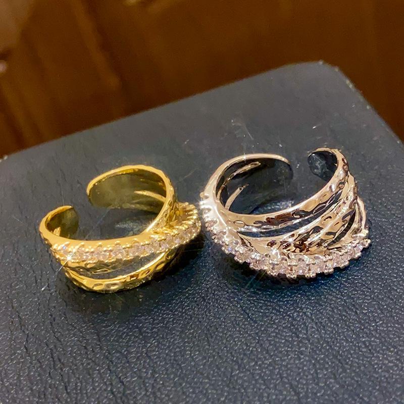 Korean Zircon Multilayer Crossover Open Ring: High-End Light Luxury Index Finger Jewelry
