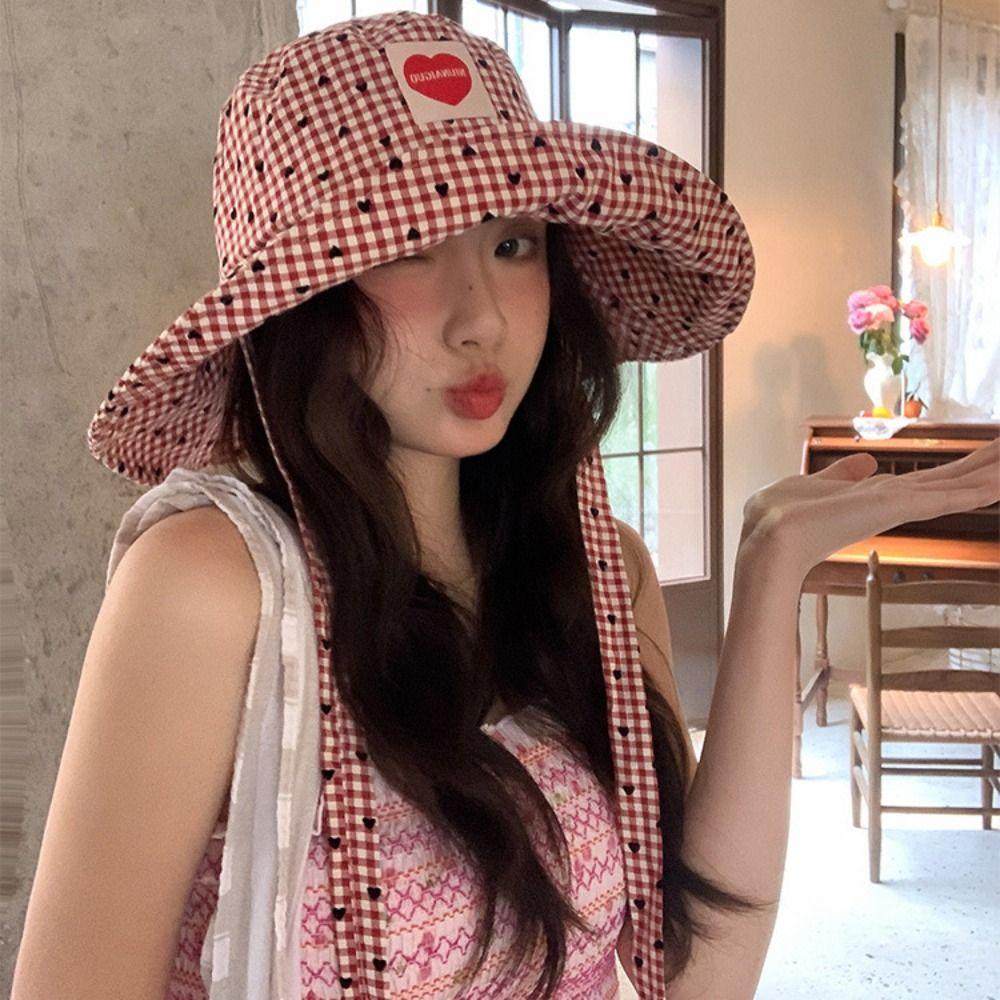 Sun Protection Hiking Fisherman Hat Small Lattice Heart Printed Bucket Hat Plaid Hiking Cap  Travel