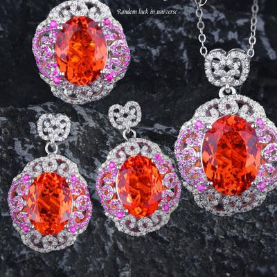 BELLA BOX Luxury Fender Color Pigeon Egg Necklace Pendant Red Corundum Ring Color Jewel Stud Earrings Set