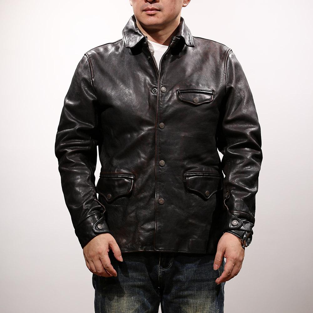 Spring and Autumn Japanese Vintage Division Brakeman Tea Core Horse Leather Jacket Men's Lapel Casual Tea Core Black Leather Jacket