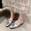Mules for Women 2026 String Bead Square Heel Cover Toe Low High-Heeled Shoes Lady Flower Ladies' Slippers Block Slides Floral