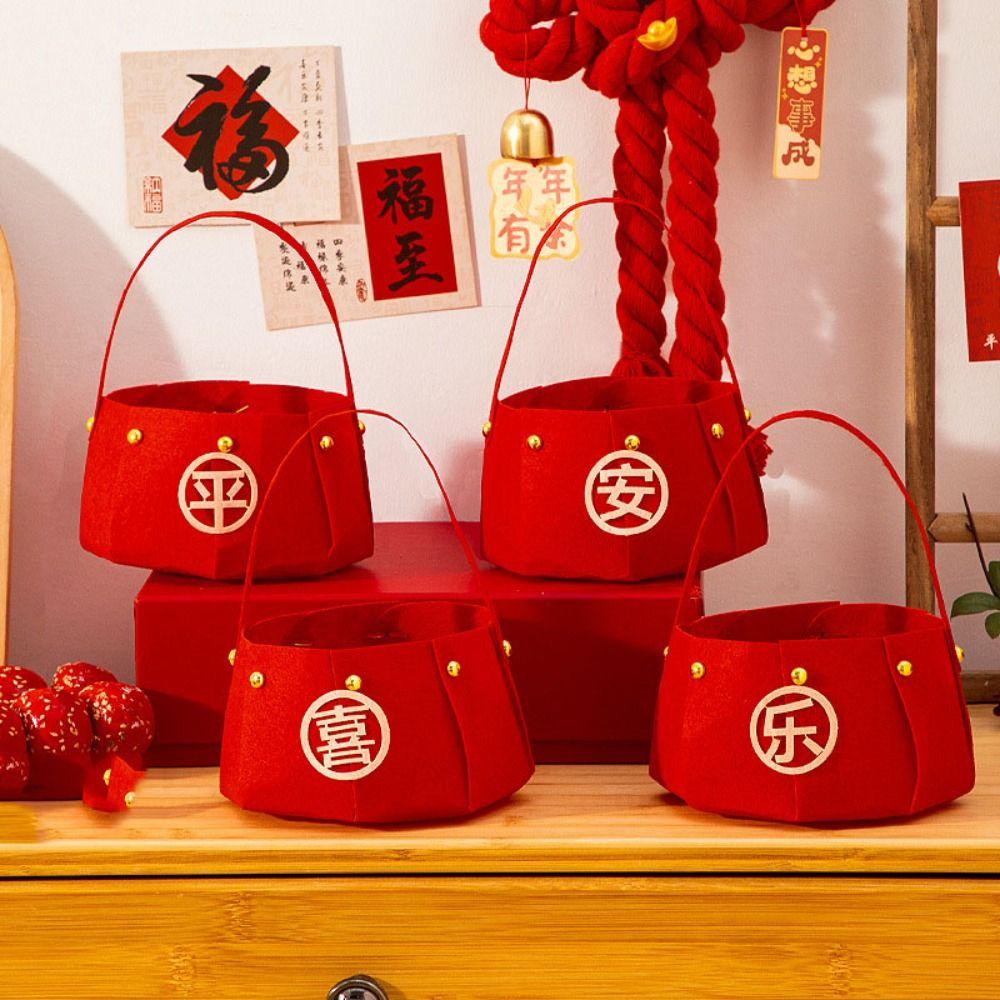 Red Candy Storage Bag Felt Gift Bags Joyful New Year Handheld  Fruit Basket  Home Supplies