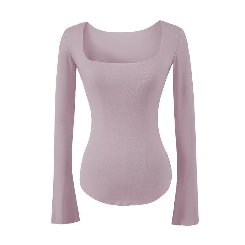 Koreanischer Stil Schlank geschnittenes Quadratischer Ausschnitt Glockenärmel Damen T-Shirt, Elegant Nische, Tailliert, Sexy Schlankmachendes Basisschicht Top